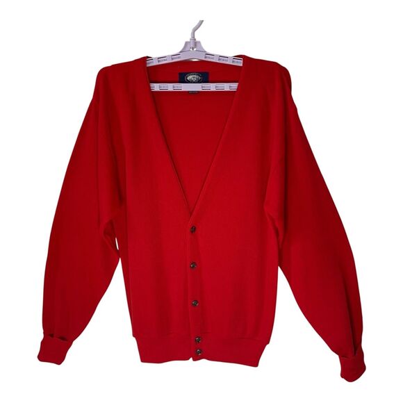 Vintage Men's Red Cardigan MED Knights Bridge Acrylic 70s Made in USA 80s Button - Picture 1 of 11